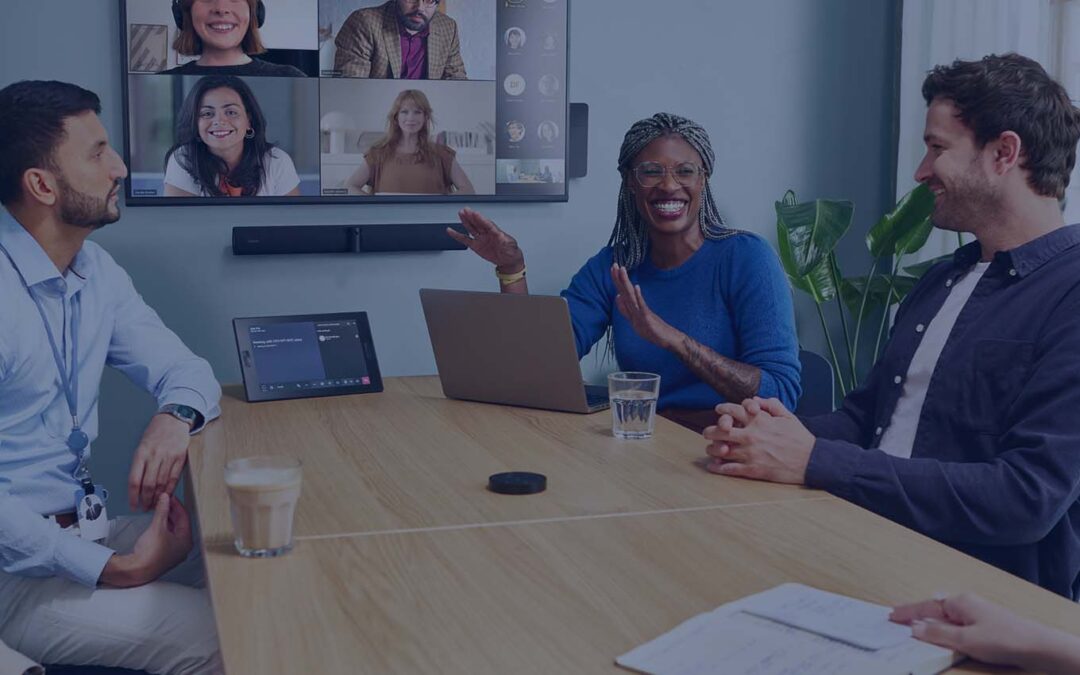 Group of colleagues in a hybrid meeting using Microsoft Teams